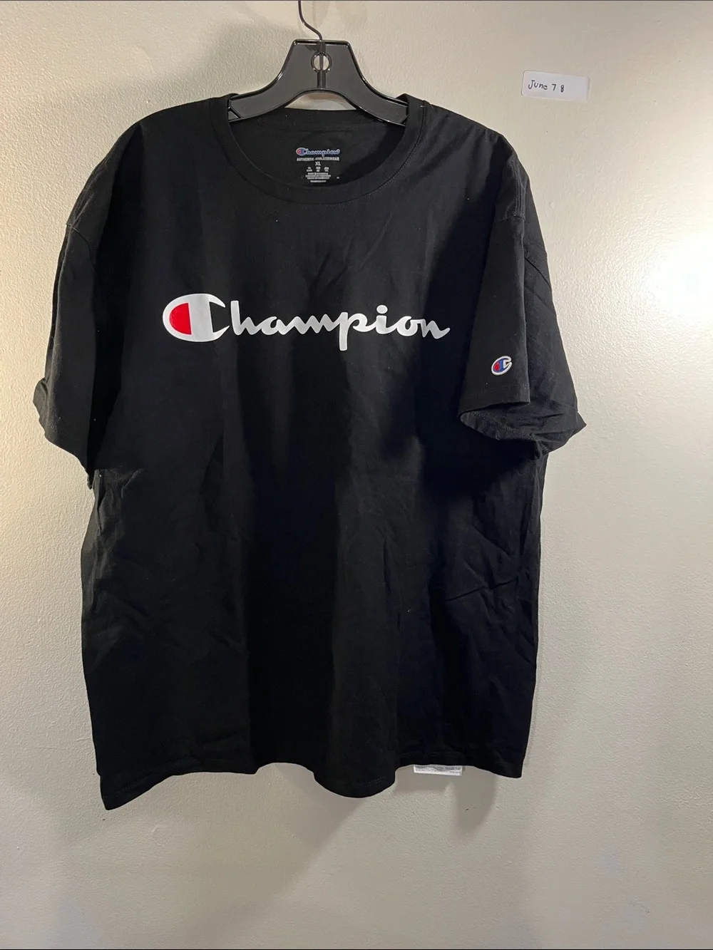 Champion Black Short Sleeve Tee with White Script and Red Crest - Picture 1 of 2